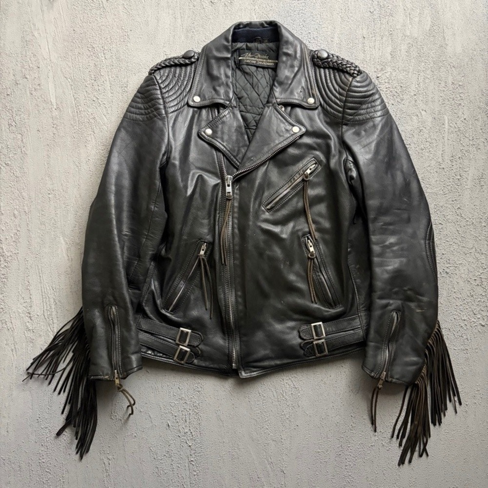 Vintage Hein Gericke Harley Davidson Leather Jacket 46 Tall Black 1980s Fringe